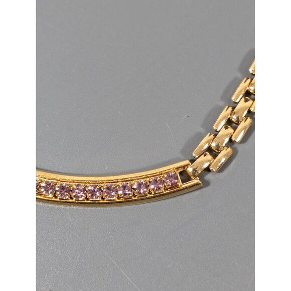 Gold Tone Panther Link Chain Pink Rhinestone Birthstone Statement Necklace 18" - Picture 4 of 11